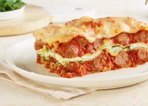 Sausage Meatball Lasagna with Ricotta & Spinach