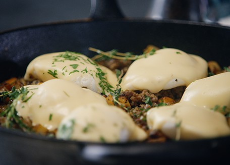 Maple Syrup Sausage and Sweet Potato Hash with Poached Eggs & Hollandaise