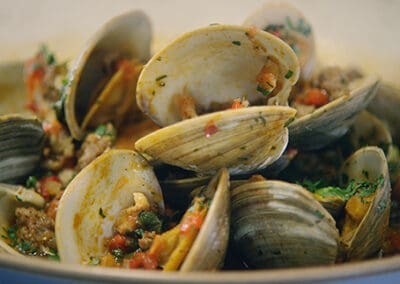 Steamed Clam and Mild Italian Sausage with Tomato Broth